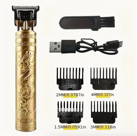 Cordless hair clipper with charging cable and four guard comb sizes