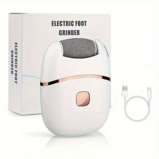 Electric foot grinder with gray sanding roller and Type-C charging cable