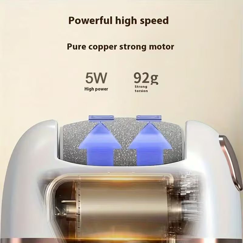 Electric foot grinder showing copper motor and rotating blue sanding drum