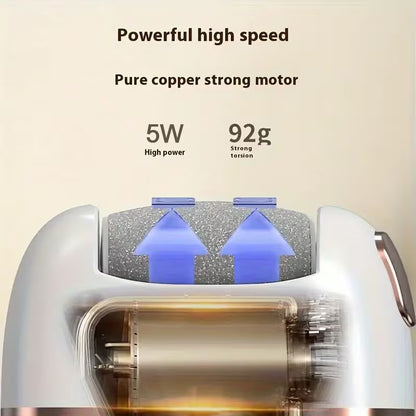 Electric foot grinder showing copper motor and rotating blue sanding drum