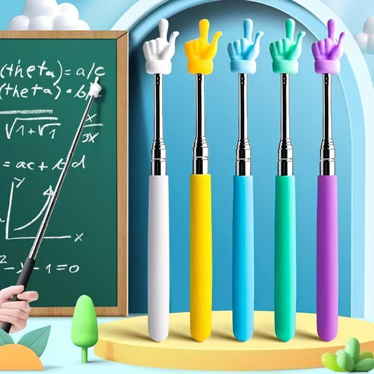 Colorful telescopic teacher pointers, white shafts with yellow, blue, green, purple grip tips