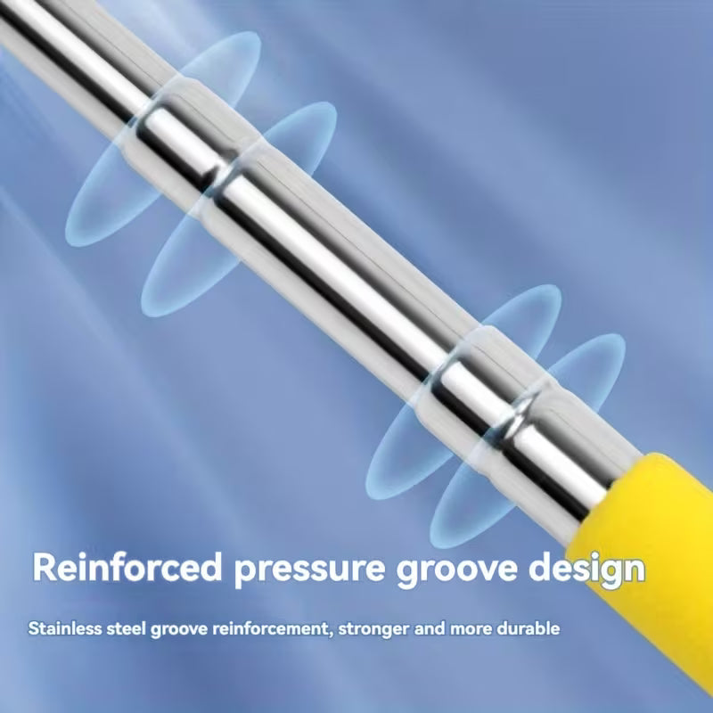 Close-up retractable pointer tip and stainless steel grooves, yellow end cap