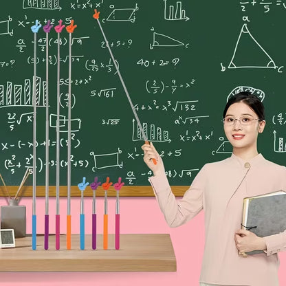 Telescopic teaching pointers with tall silver rods and multicolor hand grips