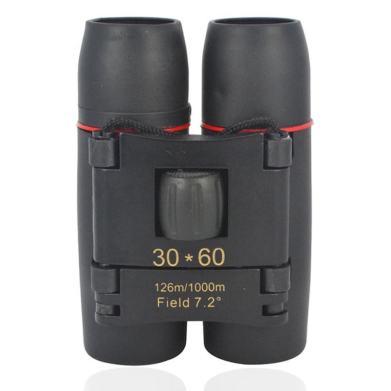 Black 30x60 binoculars with central focus window and red-trim straps