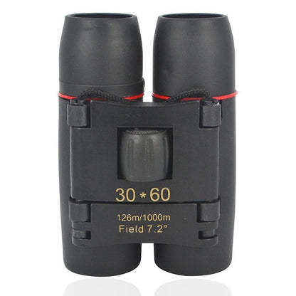 Black 30x60 binoculars with central focus window and red-trim straps