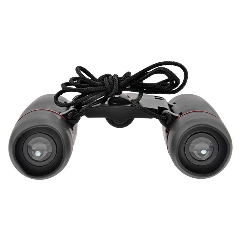 Black binoculars with lens glass visible and black fabric neck strap