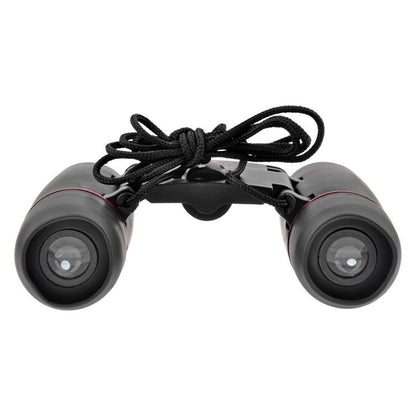 Black binoculars with lens glass visible and black fabric neck strap