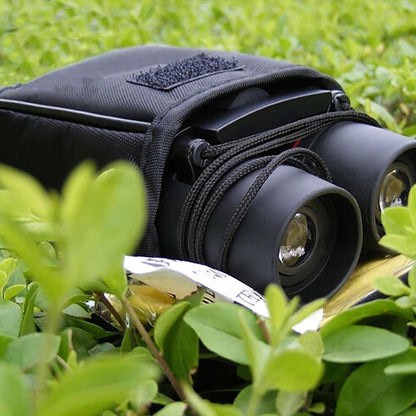 Black 30x60 binoculars nestled in a fabric case among green grass
