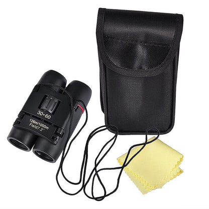 Black 30x60 binoculars with carrying pouch and cleaning cloth