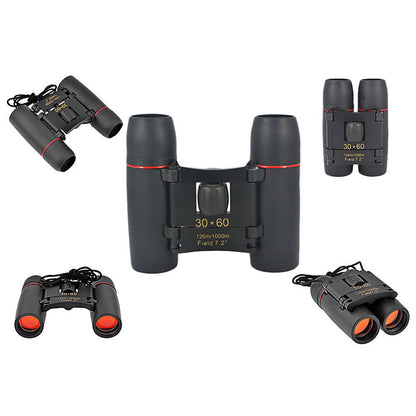 Black 30x60 binoculars with lens caps and neck strap, shown from multiple angles