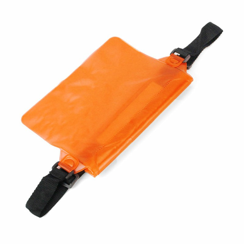 Orange waterproof dry pouch with black strap and buckle, angled front view.