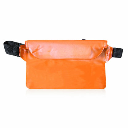 Orange waterproof dry pouch bag with adjustable waist strap and curved top flap.
