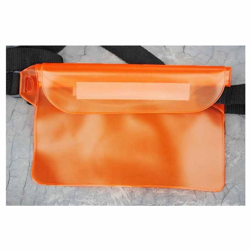 Orange waterproof dry pouch bag with clear front window, laid flat with strap attached.