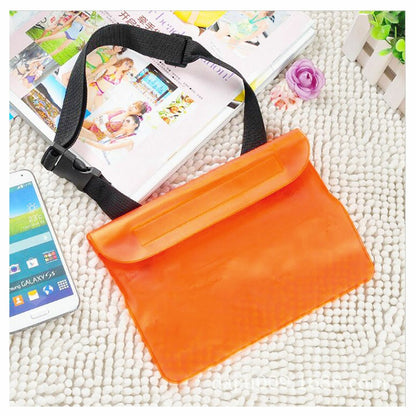 Orange waterproof dry pouch bag with waist strap, clear top window and front flap.