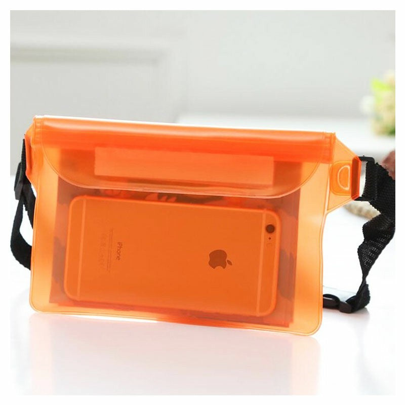 Orange waterproof dry pouch bag with clear compartments, secured by black waist strap.