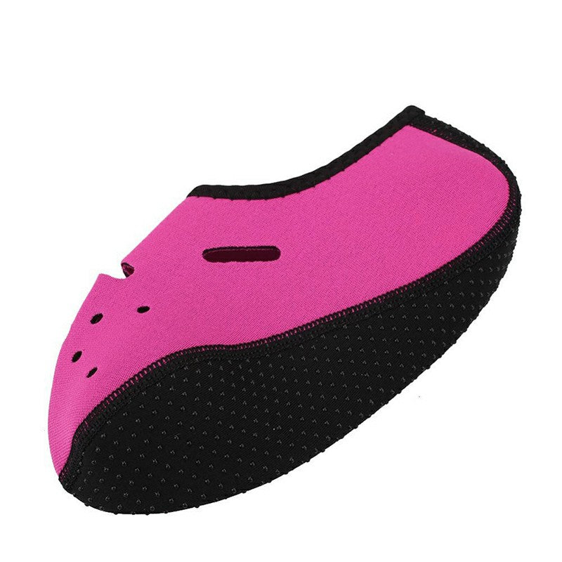 Rose red slip-on water socks with black sole, oval cutout, and small perforations