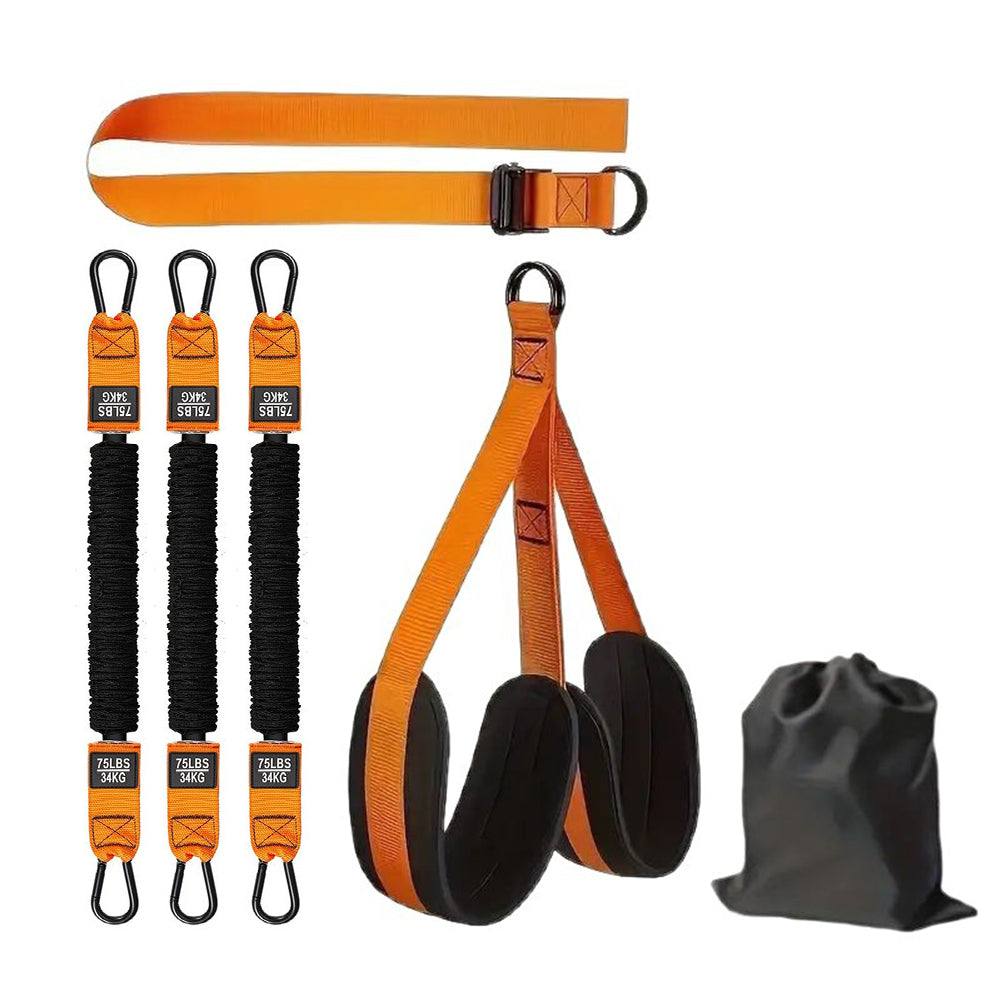 Orange strap and black resistance bands with carabiners, plus gray storage bag