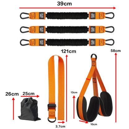 Resistance band set with knee rest: orange straps, black loops, metal hooks, storage pouch