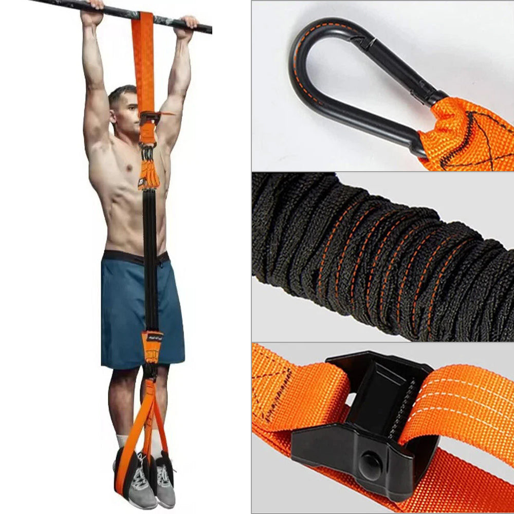 Orange knee-assist band with black resistance cords and carabiner clips for pull exercises