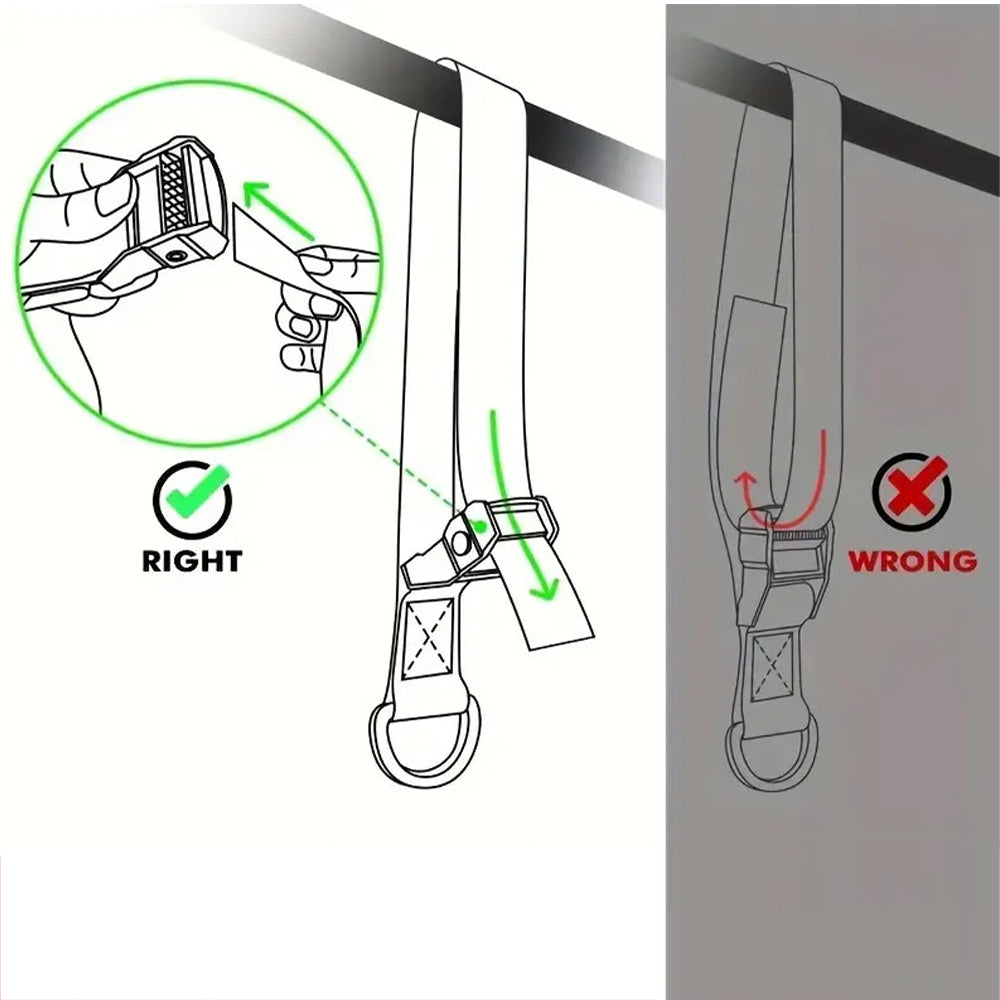 Instruction diagram for attaching the knee rest band correctly using a metal carabiner