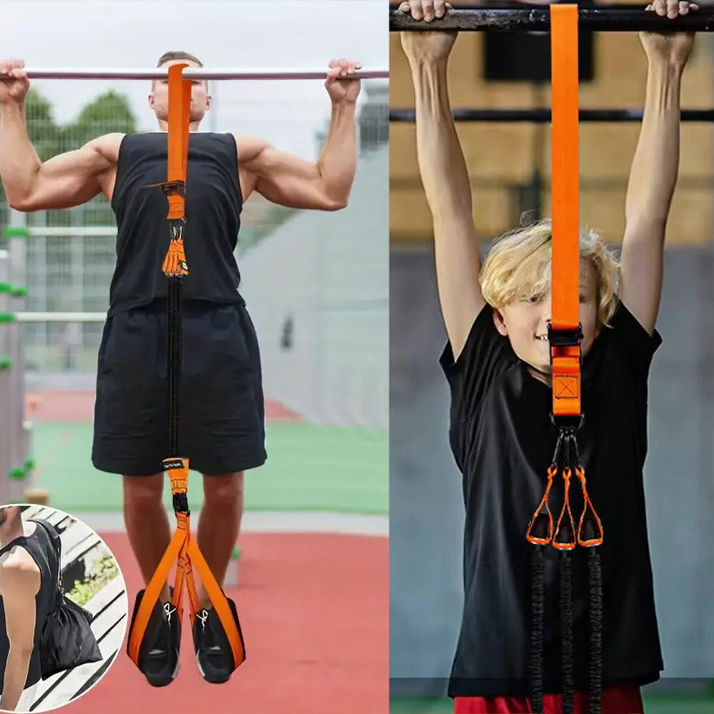 Orange knee-assist resistance band with handles, looped around arms and legs