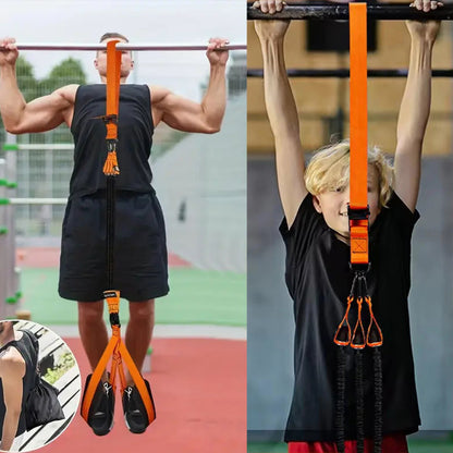 Orange knee-assist resistance band with handles, looped around arms and legs