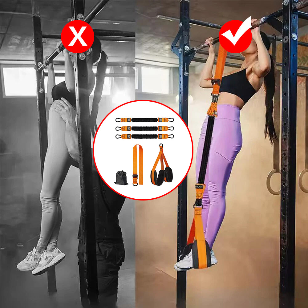 Pull-up assistance bands with knee rest and set of resistance loops, shown on a bar