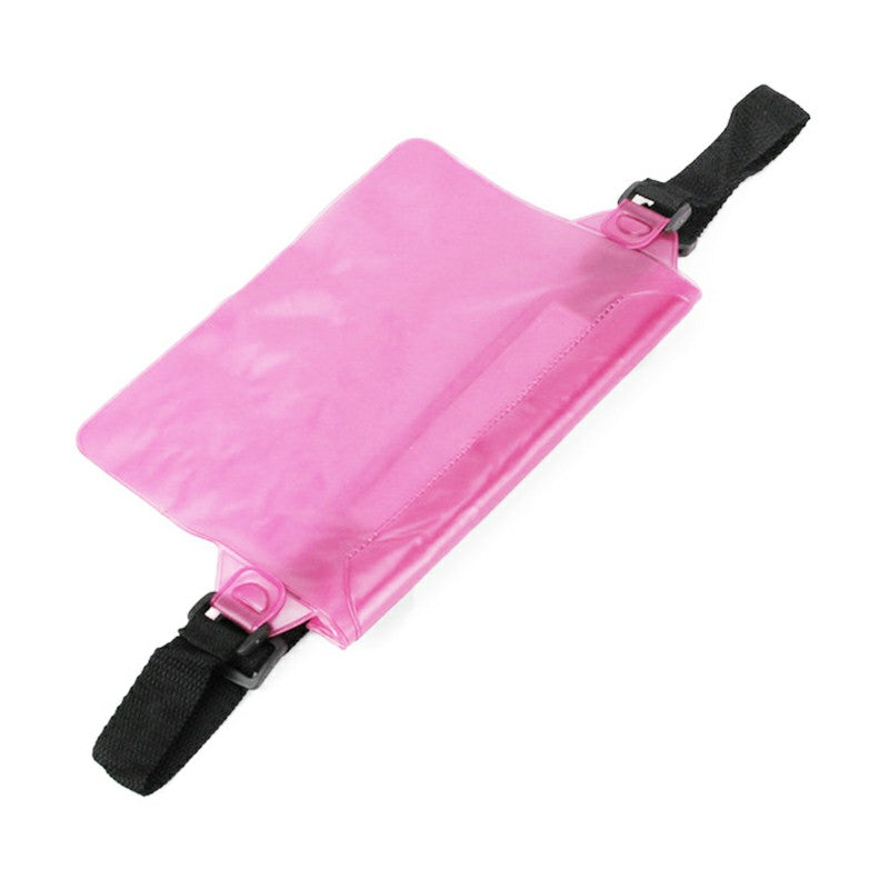 Pink waterproof dry pouch bag with black waist strap and snap-close ends