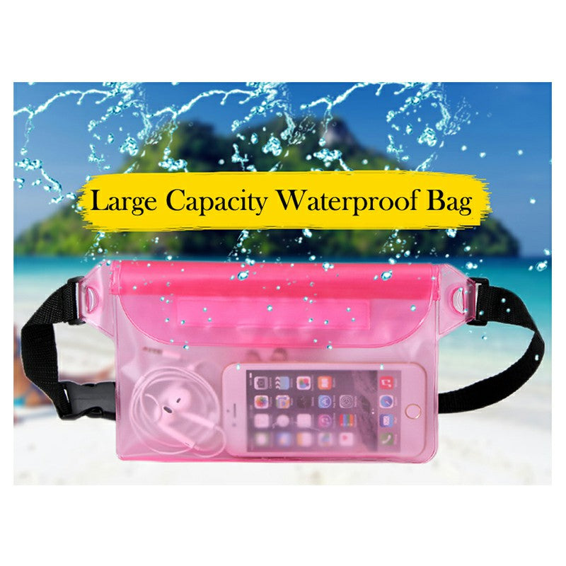 Pink waterproof dry pouch bag with clear phone window and black waist strap