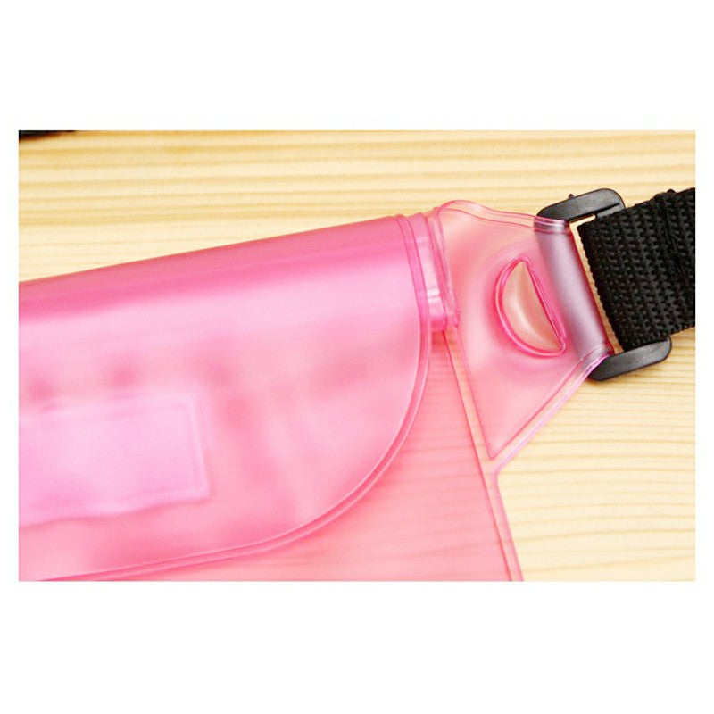 Pink waterproof pouch with sealed curved front seam and clear panel