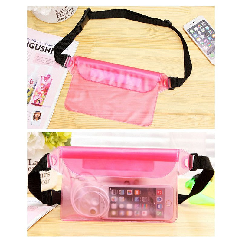 Pink waterproof waist pouch with transparent front panel and adjustable black strap
