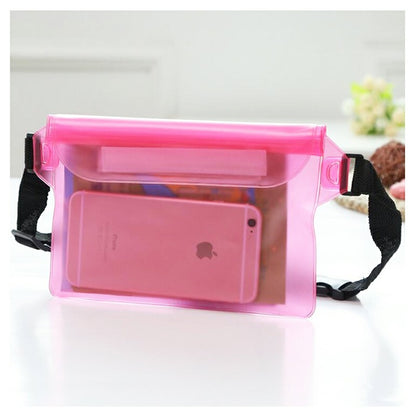Pink waterproof dry pouch with clear front pocket holding a smartphone and black strap