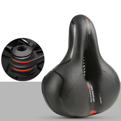 Black bike gel cruiser saddle with red accents, wide comfort pad and vent channels