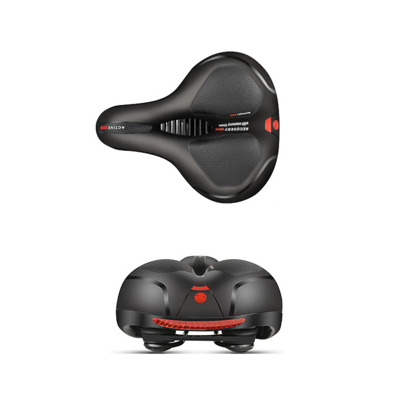 Black bike saddle with textured side panels and red logo detail, angled view