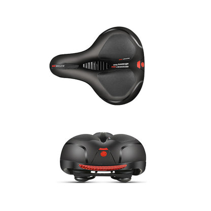 Black bike saddle with textured side panels and red logo detail, angled view