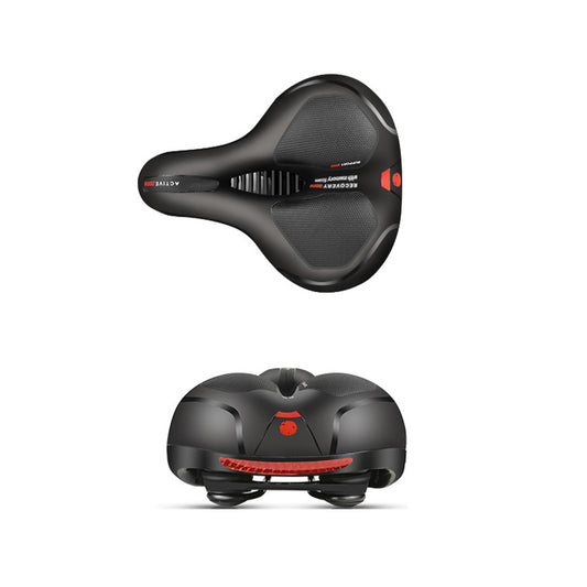 Black bike saddle with textured side panels and red logo detail, angled view