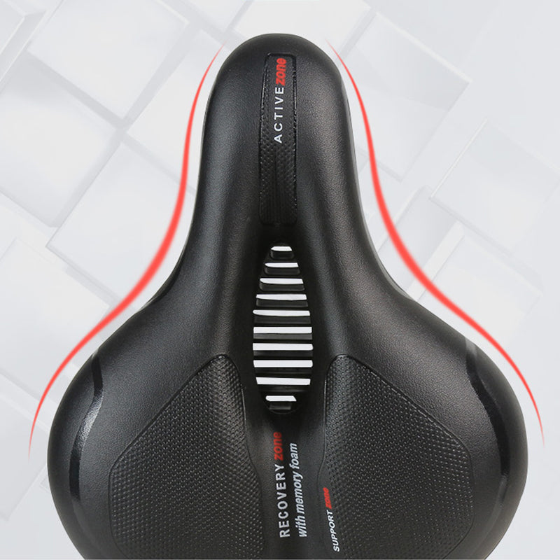 Black bike gel saddle front view with central vent slots and red trim