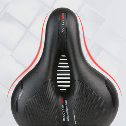 Black bike gel saddle front view with central vent slots and red trim