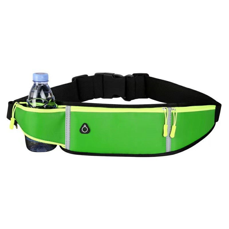 Bright green waterproof pouch with black adjustable strap, zippered front and bottle pocket