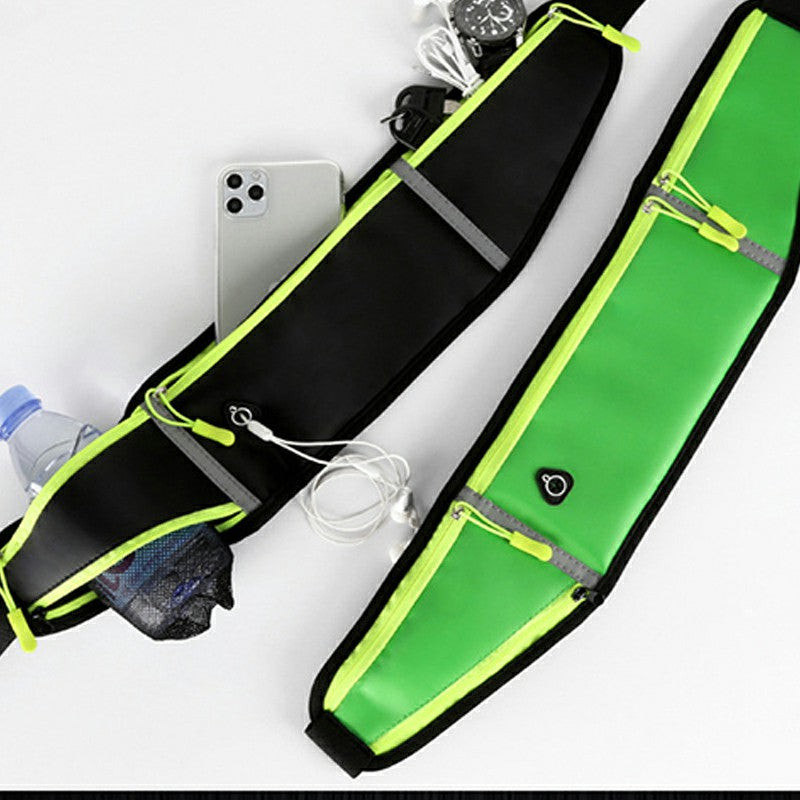 Green waterproof running waist pack with neon trim, zippered pocket, mesh bottle holder