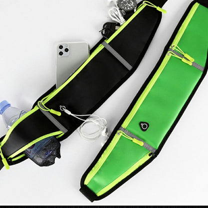 Green waterproof running waist pack with neon trim, zippered pocket, mesh bottle holder