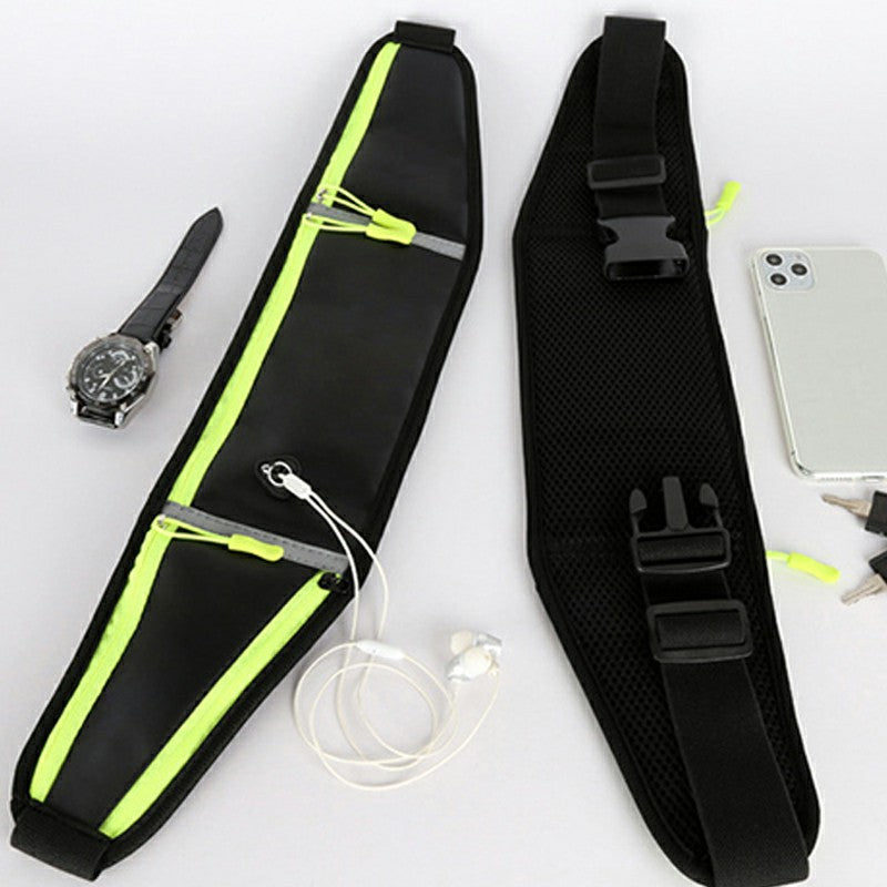 Waterproof running waist pack in black and bright green with neon trim, zipper pocket