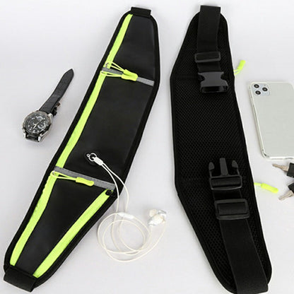 Waterproof running waist pack in black and bright green with neon trim, zipper pocket