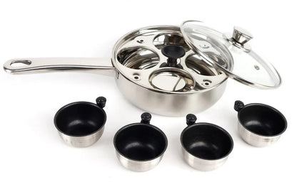 Egg poacher set components: stainless pan, tempered lid, and four non-stick cup inserts