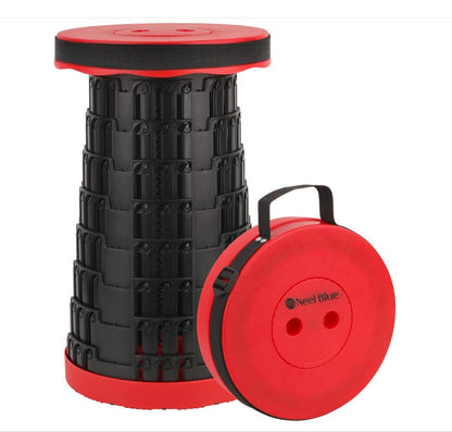 Telescopic stool with black segmented body, red round seat top, and red carrying base