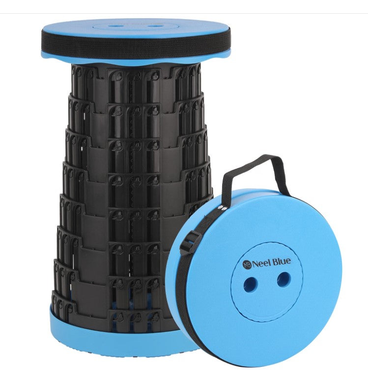Telescopic stool with black segmented body, blue round seat top, and blue carrying base