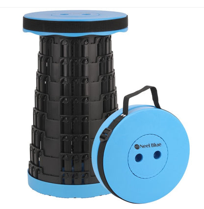 Telescopic stool with black segmented body, blue round seat top, and blue carrying base