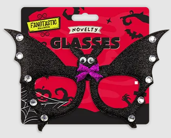 Novelty bat glasses in package, black frames with purple bow and silver studs