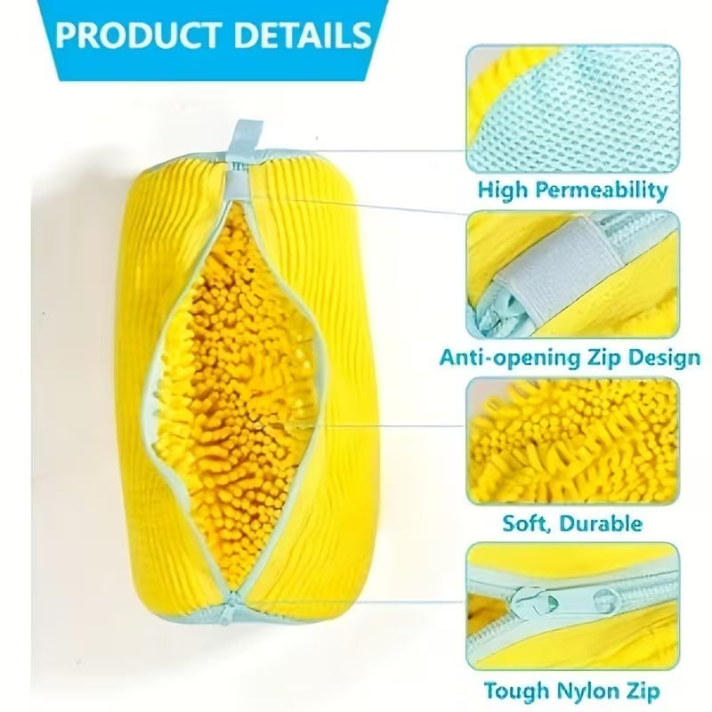 Yellow shoe washing bag with blue zip edge and fluffy microfiber interior