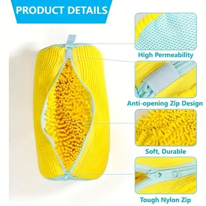 Yellow shoe washing bag with blue zip edge and fluffy microfiber interior
